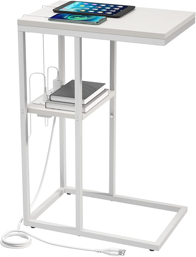 Yoobure C Shaped End Table with Charging Station, Small Side Tables for Living Room Bedroom, Sofa Table with USB Ports and Outlets for Small Spaces, Rustic Bed Side Table