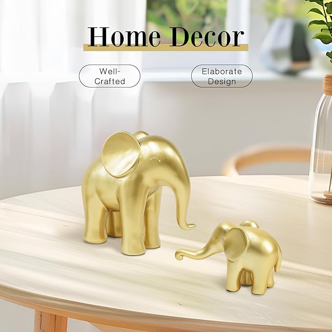 Elephant Figurines Gold Home Decor-Mom and Baby Elephant Statues,House Decorations Living Room,Modern Style Sculptures for Table Bookshelf Office Desktop TV Stand Decor,Gift for Women