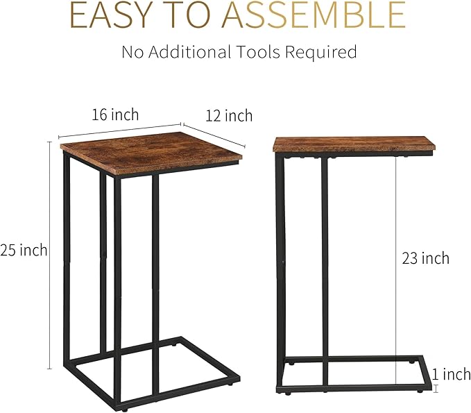 C Shaped Side Table Set of 2, Skinny Sofa Table for Sofa and Bed, Couch Tables That Slide Under, Small End Tables for Living Room, Bedroom or Small Spaces, Rustic Brown