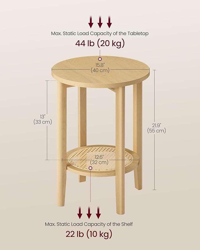 VASAGLE Round Side End Table, 2-Tier Boho Bedside Table with Rattan-Look Storage Shelf, Nightstand for Small Spaces, for Living Room, Bedroom, Home Office, Oak Beige ULET296Y01