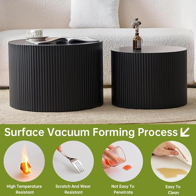 Round Nesting Coffee Table Set of 2 Small Round Coffee Tables for Living Room Modern Fluted Coffee Table Circular End Table Side Table for Small Spaces No Assembly (Black A, 27 in)