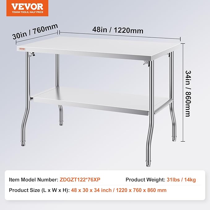 VEVOR Commercial Worktable Workstation 48x30 Inch Folding Commercial Prep Table, Double-Shelf Stainless Steel Folding Table, Kitchen Work Table with 772 lbs Load Silver Stainless Steel Kitchen Island