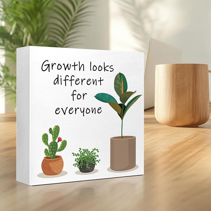 LVQHI Inspirational Wood Block Sign,Growth Looks Different for Everyone Plant Motivational Wooden Block Sign for Home Bedroom Office Desk Table Decor,Inspirational Cheer Up Gift for Coworker Friend