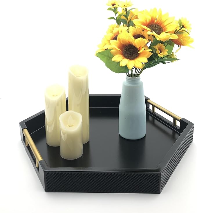 Serving Tray with Polished Metal Handles, Hexagon Coffee Table Tray, Modern Rectangle Decorative Tray, Large Ottoman Tray, Perfect for Storage and Display (Black Hexagon)