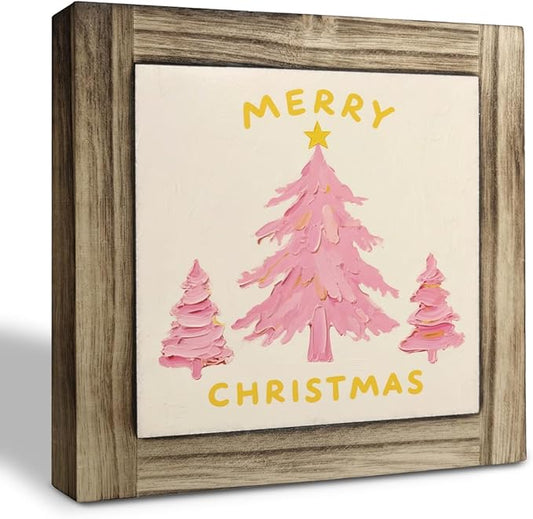 Merry Christmas Wood Sign, Pink Christmas Tree Decor, Wood Plaques Desk Decors, Decorative Wooden Box Sign, X-mas Home Decor for Living Room Bedroom Table helves, X-mas Gift for Girls Women