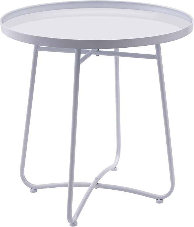 Small Side Round Table for Living Room Bedroom, Weather Resistant Outdoor Side Table Metal Patio Tables for Garden Porch Balcony Yard, Minimalist Short Round Tray Tables 17.7”D x 17.7”H, White