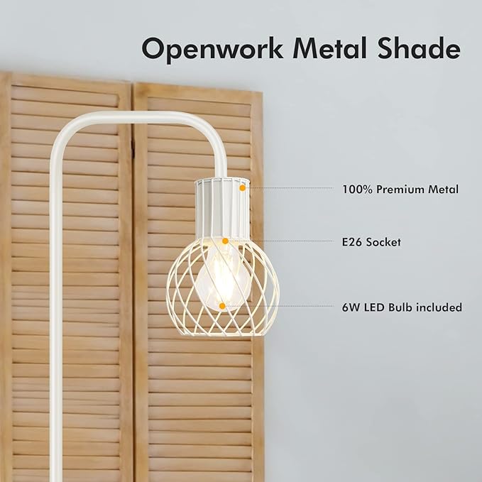 Industrial Floor Lamp, White Standing Lamp Modern with 6W LED Bulb, Foot Switch, Metal Tall Floor Lamps for Living Room, Bedroom, Office, Den, Vintage Stand Up Light, Minimalist Mid Century Pole Lamp