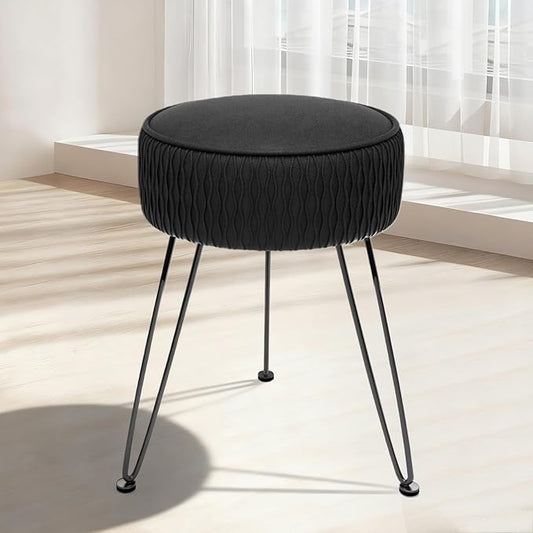 Velvet Vanity Stool Footrests, Round Ottoman Vanity Chairs with Anti-Slip Feet, Dressing Table Seat Foot Stool with Black Legs, Furry Padded Seat Side Table for Makeup Bedroom, Black