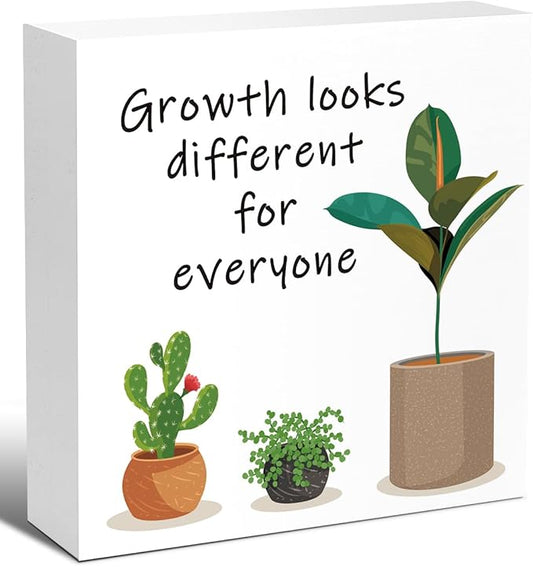 LVQHI Inspirational Wood Block Sign,Growth Looks Different for Everyone Plant Motivational Wooden Block Sign for Home Bedroom Office Desk Table Decor,Inspirational Gift for Coworker Friend 8x8 IN