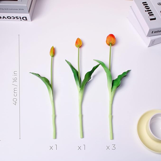 16-inch Premium Real Touch Fake Tulips, Artificial Flowers with Buds, Flexible Stem Easy to Shape, Faux Tulips (Vase not Included), 5-Pack Set of Sunset Orange