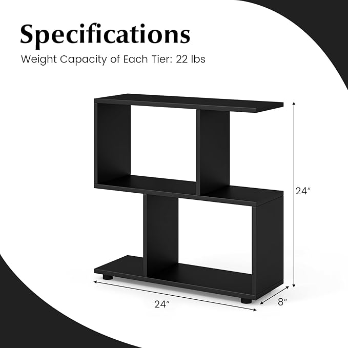 Giantex 3-Tier Geometric Bookshelf, 24" Tall Wood S-Shaped Display Shelves with Thick Foot Pads, Freestanding Open Shelves Nightstand, Floor Standing Display Shelf Bookcase, Black