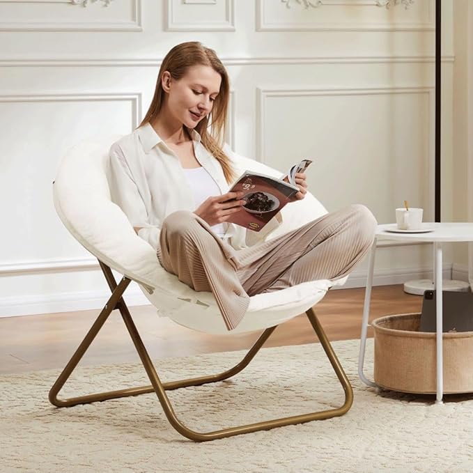 Comfortable Cozy Faux Fur Disc Chair Foldable Feature for Bedroom, Living Room and Dorm, Adult-Sized Relaxation, White