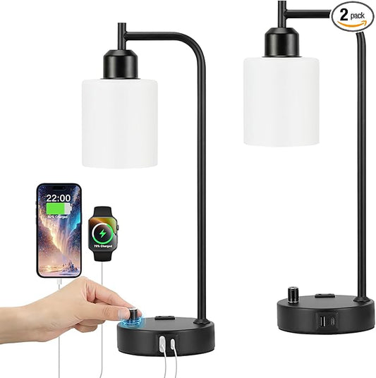 Industrial Bedroom Lamps for Nightstand Set of 2 - Fully Dimmable Bedside Lamps with USB A C Ports and Outlet, Black Table Lamps with Opal Glass Shade for Living Room, Desk Lamps for Office Reading