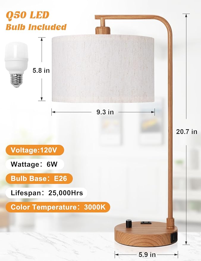 Wood Tall Table Lamp with USB Port and Outlet, Dimmable Nightstand Bedside Lamps with Linen Lampshade, Desk Lamp for Bedroom, Living Room, Guest Room, Home Office, LED Bulb Included