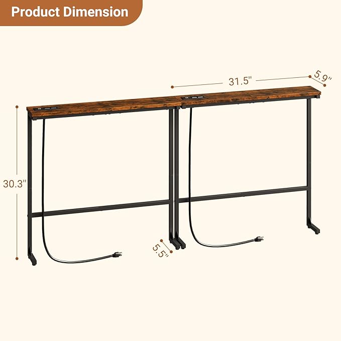 63 Inch Narrow Console Table with 2 Power Outlets, Behind Couch Table with Charging Station, Small Space Sofa Behind Table for Living Room, Entryway, Hallway, Rustic Brown