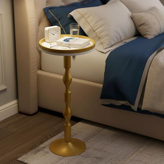 Small Round Drink Table,Pedestal Tables,Small Round Side Table for Narrow Spaces,End Table for Living Room, Bedroom, Bathroom,Balcony (White Gold)