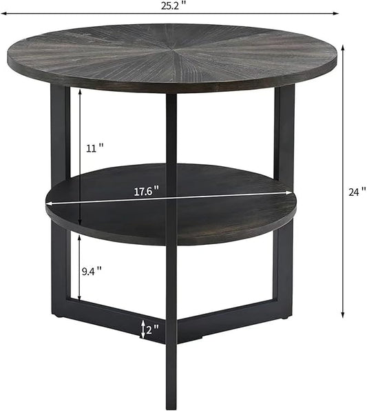 MODERION Large Round End Table with Storage Shelf, Rustic Circular Sofa Side Black Metal Legs, Solid Wood Nightstand, Telephone for Living Room, Bedroom, 25.2''D x 24''H Brushed CJZ1338BK