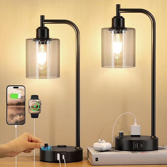 Industrial Desk Lamps for Office Set of 2 - Fully Dimmable Bedside Lamps with USB A C Ports and Outlet, Black Nightstand Lamps with Grey Glass Shade for Living Room, Table Lamps for Bedrooms Reading