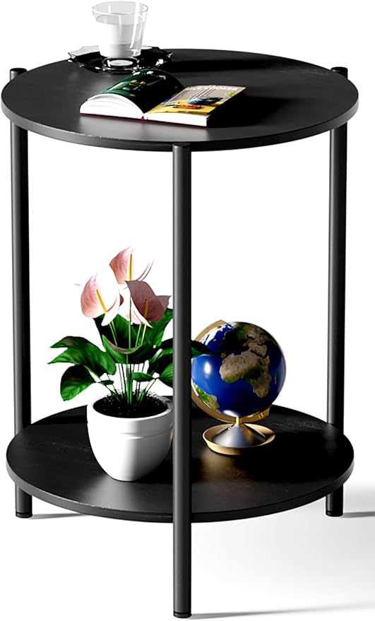 Round Side Table, 2-Tier Circle End Tables with Storage Wood Rustic Small End Tables Farmhouse Side Table for Living Room Bedroom Balcony Small Spaces