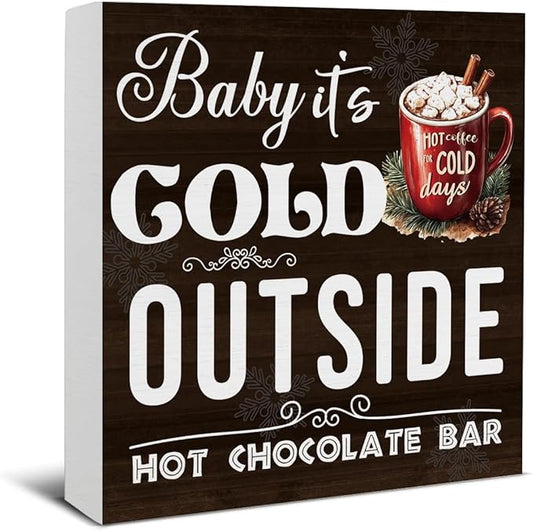 Hot Chocolate Bar Christmas Decorations - Winter Christmas Decor, Hot Cocoa Bar Wooden Sign, Home Kitchen Decor for Desk Table Shelf 5 X 5 Inches