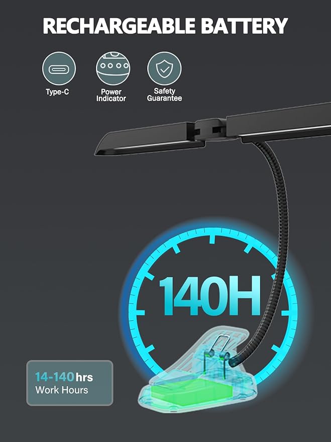 Vekkia 64 Led Rechargeable Music Stand Light - Folding Clip On Piano Lamp, Portable Professional with 5 Brightness×3 Color Temperature for Grand Piano and Book Reading