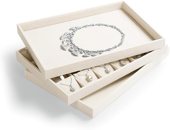 Linen Jewelry Tray Stackable Jewelry Drawer Organizer Trays Necklace Bracelet Holder Storage Display(Beige)