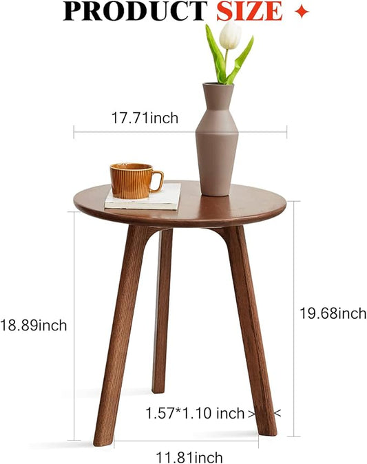 100% Solid Oak Round Side Table, Small Side Table for Small Spaces, 3-Legged Living Room End Tables with Stable Frame for Bedroom Couch Side Entryway, Walnut