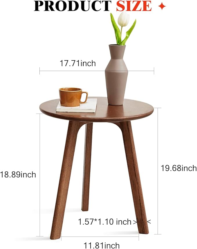 100% Solid Oak Round Side Table, Small Side Table for Small Spaces, 3-Legged Living Room End Tables Set of 2 with Stable Frame for Bedroom Couch Side Entryway, Walnut