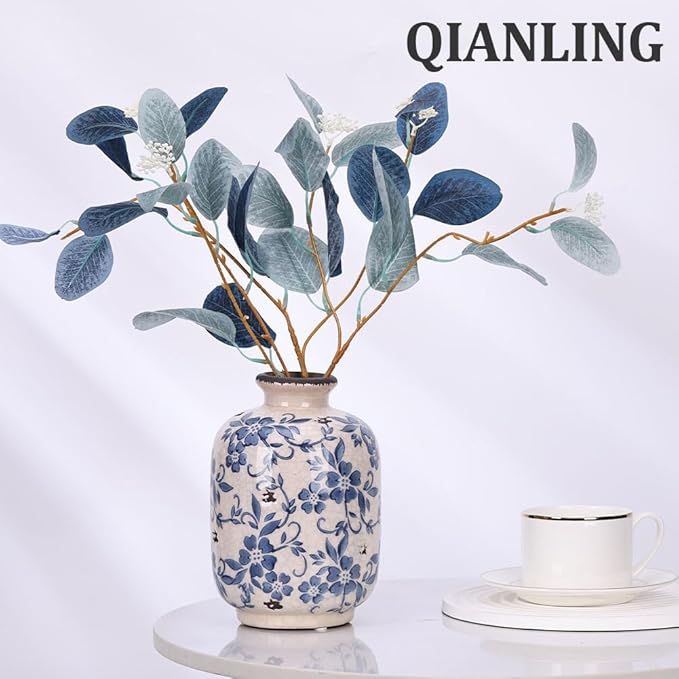 Chinoiserie Vase - 7.9" Tall Chinoiserie Decor Ice Crackle Vintage Blue and White Floral Vase, Farmhouse Country Home Decor, Living Room, Dining Table, Fireplace and Entryway Decor Centerpieces