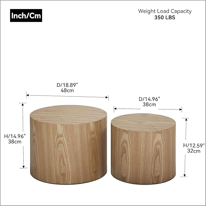 WILLIAMSPACE 18.9" Round Nesting Coffee Table Set of 2, Modern Wooden Coffee Tables Circle Side Table for Small Space, Accent End Table Set, No Assembling, Matte Oak