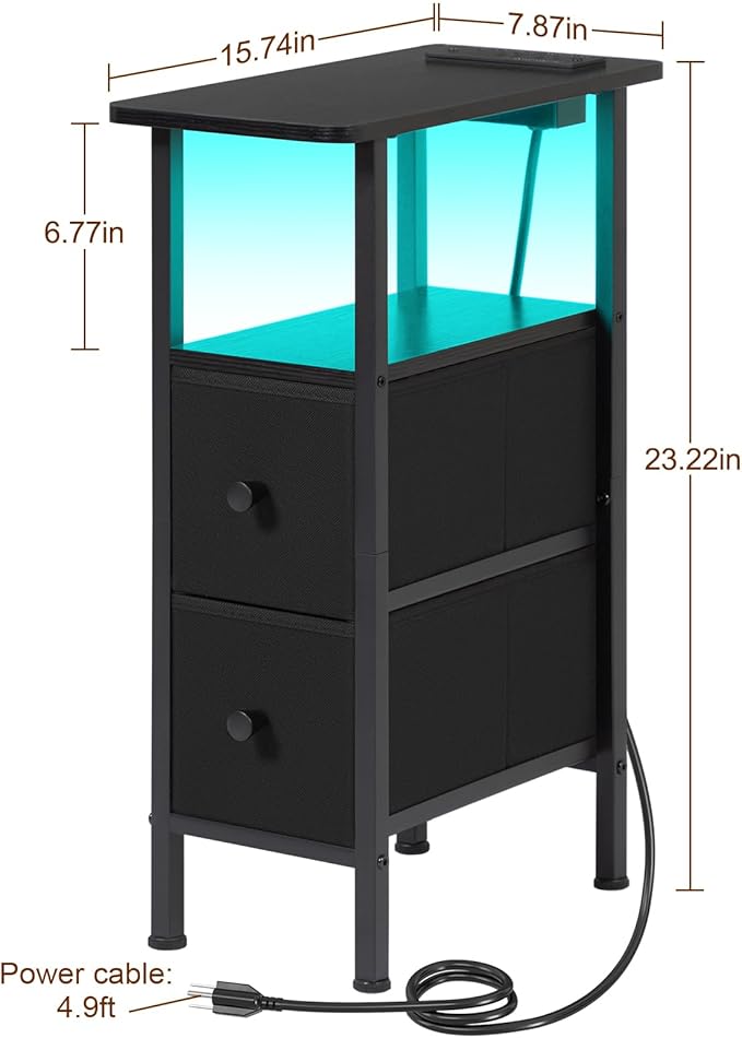 Narrow Nightstand with Charging Station, End Tables Living Room Set of 2, Skinny Side Table with Fabric Drawers, Small Sofa Table with LED Light for Bedroom, Black, HETNDP02LBK