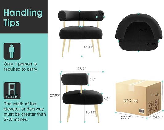 Modern Velvet Accent Chair, Round Upholstered Barrel Armchair for Small Spaces, Fluffy Side Corner Sofa Chair for Living Room, Bedroom, Vanity, Office, Reading Nook(Black)