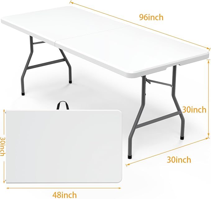 8FT（30" x 96"） Folding Table, Indoor Outdoor Heavy Duty Picnic Table with Carrying Handle,Plastic Fold up Table for Picnic, Party, Camping，Office - White