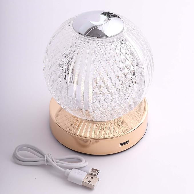 Efavormart 5" Diamond Cut Crystal Ball Dimmable LED Table Lamp with Touch Control, Cordless Rechargeable Decorative Night Light