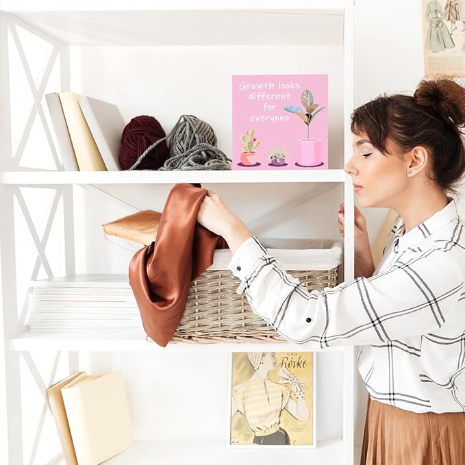 LVQHI Pink Decor For Desk, Growth Looks Different For Everyone Plant Inspirational Motivational Wooden Block Sign For Home Bedroom Office Desk Table Decor, Cheer Up Gift For Coworker Friend