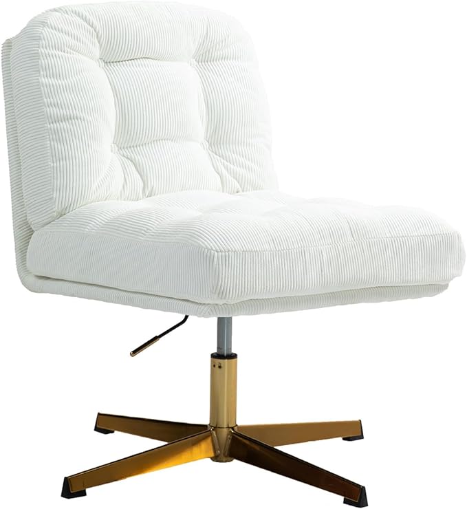 ZOBIDO Modern Accent Corduroy Chairs Comfy Upholstered Vanity Chairs for Bedroom Armchair Dining Chairs with Golden Metal Legs Desk Chair for Living Room（White