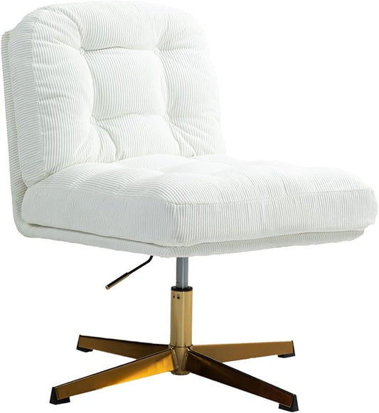 ZOBIDO Modern Accent Corduroy Chairs Comfy Upholstered Vanity Chairs for Bedroom Armchair Dining Chairs with Golden Metal Legs Desk Chair for Living Room（White