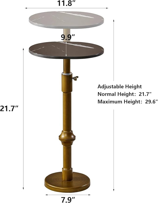 Adjustable-Height Drink Table, Marble Pedestal Side Table, Modern Round End Table, Cocktail Accent Table with Metal Brass Base, Small Side Table for Small Spaces (Black)
