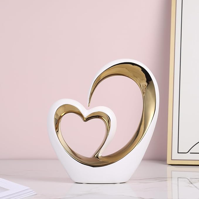 White Gold Ceramic Heart Statues - Abstract Home Sculptures for Bedroom, Wedding, Valentine Decor & Gifts for Women (Loving Hearts - Circular)