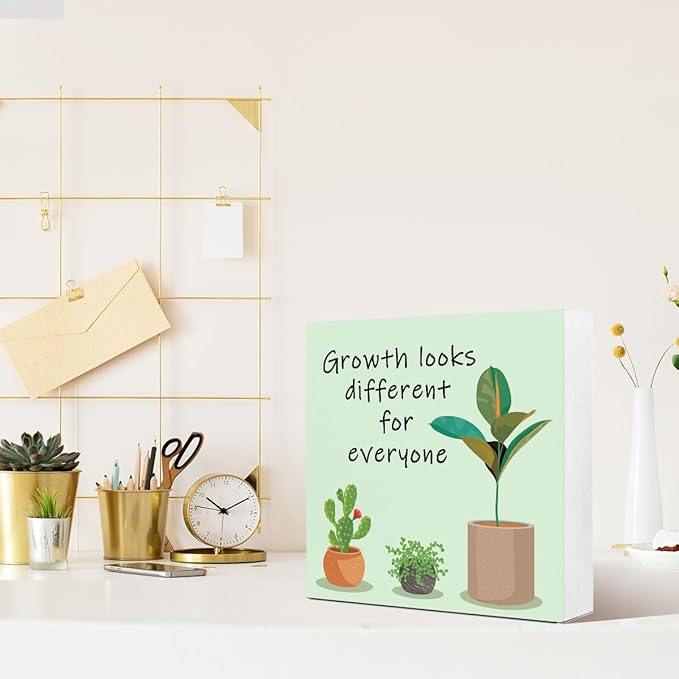 LVQHI Inspirational Wood Block Sign,Growth Looks Different for Everyone Plant Motivational Wooden Block Sign for Home Bedroom Office Desk Table Decor,Inspirational Cheer Up Gift for Coworker Green-2
