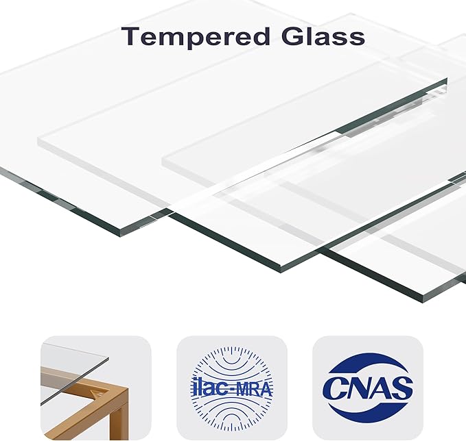 Coffee Table, 2 Tier Tempered Glass Coffee Table, Rectangle Modern Center Table with Metal Frame, Glass Accent Table Open Storage Shelf for Living Room, Office, Golden