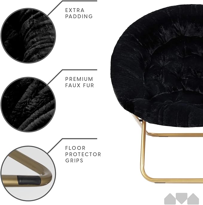 Milliard Saucer Chair For Adults, Teens & Kids, Black, Faux Fur XL Circle Chair for Bedroom, Dorm & Gaming, Foldable Comfy Accent Seat for Small Spaces, Folding Moon / Mushroom / Round Oversized Style