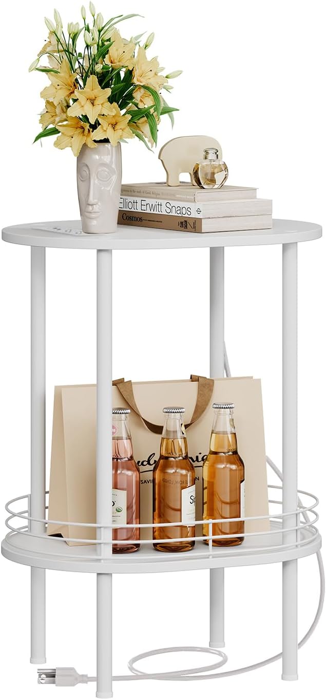 Small Round Side Table with Charging Station,Bedside Table with 2 USB Ports and Outlets, Morden Round Nightstand, Samll Side Table for Living Room,Bedroom, Nursery, Laundry, White