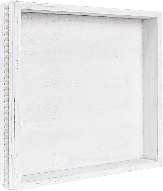 Wooden Decorative Tray, Small Serving Tray with Wood Bead, Farmhouse Big Tray for Ottoman, Countertop, Coffee Tabl, 13" x 13"x 1.6" (Retro White)