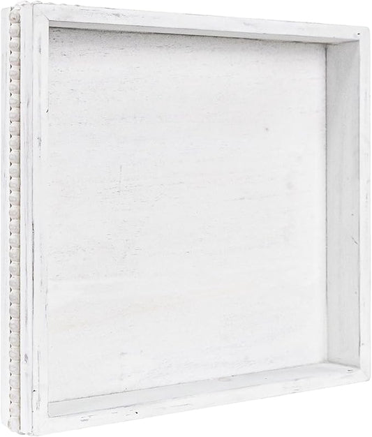 Wooden Decorative Tray, Small Serving Tray with Wood Bead, Farmhouse Big Tray for Ottoman, Countertop, Coffee Tabl, 13" x 13"x 1.6" (Retro White)
