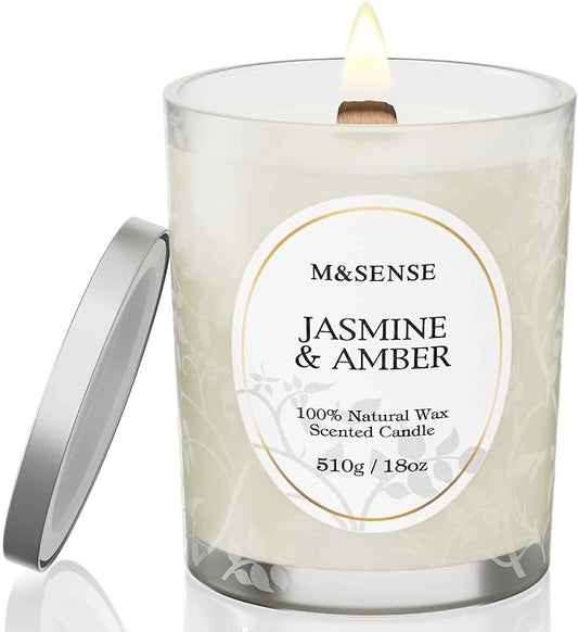 M&SENSE Jasmine Amber Candle, Cracking Wooden Wick Soy Wax, 18oz 100 Hours Long Lasting Clean Burn, Large Jar Candles for Home Scented, Non-Toxic Relaxing Aromatherapy Gifts for Women