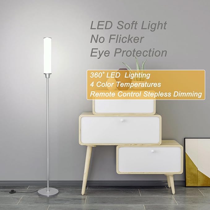 Floor Lamp with Remote Control,Bright Floor Lamps for Living Room/Bedroom/Office, Stepless Adjustable 3000K-6000K Colors and 10-100% Brightness,Standing Light with Foot Switch (Nickel)
