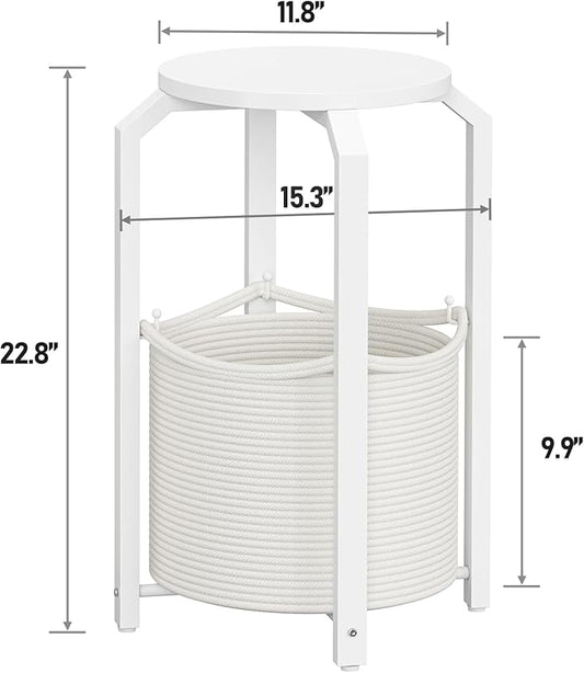 TUTOTAK Small Side Table, Round End Table, Night Stand, Bedside Table, Sofa Table with Storage Basket, Living Room, Bed Room, White TB01BW092