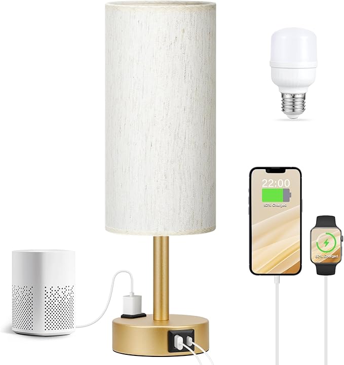 Fenmzee Gold Nightstand Bedroom Lamp - 3 Way Dimmable Bedside Lamp USB C A Charging Ports and AC Outlet, Small Table Lamp Linen Lampshade for Office Desk, LED Bulb Included