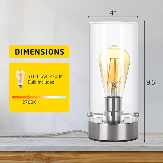 Bedside Table Lamp for Bedroom Living Room, Modern Nightstand Lamp with Glass Lamp Shape, 2700K 6W Glass Bulb Included(Nickel).